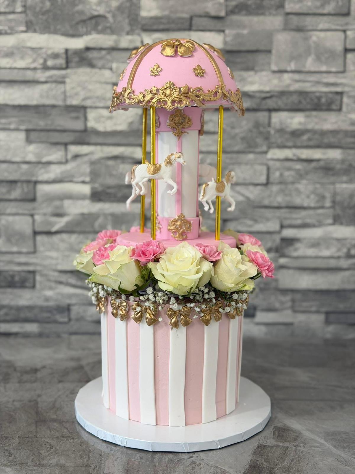 Carousel Birthday Cake Pink and Gold