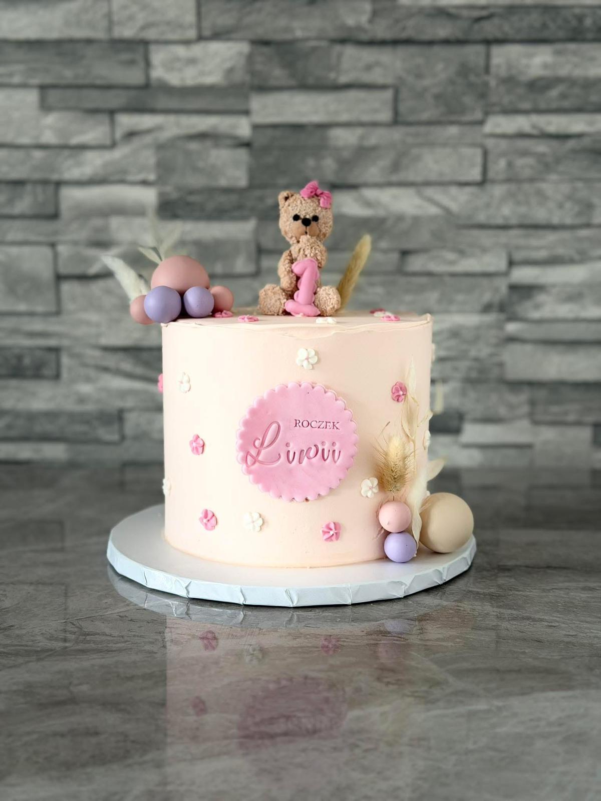 Girls Birthday Cake with Pink Teddy Topper